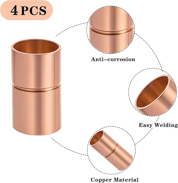 Straight Copper Coupling Fittings, 5/8 Inch Copper Pipe Welding Joint Connector Adapter for HVAC Air Conditioner, Sweat End Pipe Fitting with Rolled Tube Stop, Pack of 4