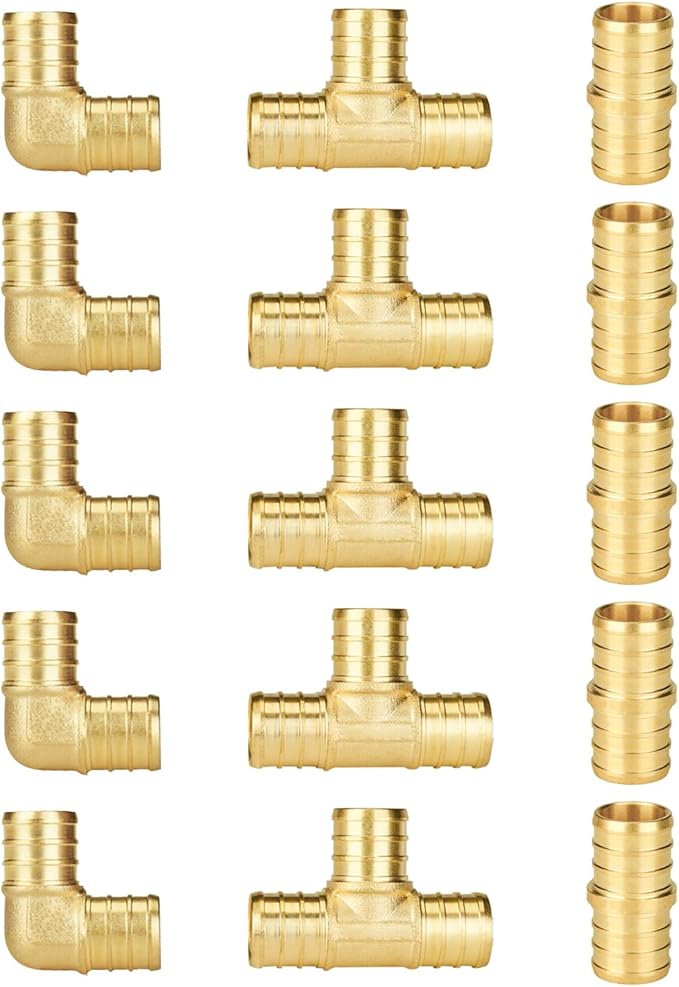 SUNGATOR 15-Pack 3/4 Inch PEX Fittings, 5 Each Elbow Tee Coupling, No Lead Brass Pex Fittings 3/4 Inch Assortment, UPC, NSF Certified
