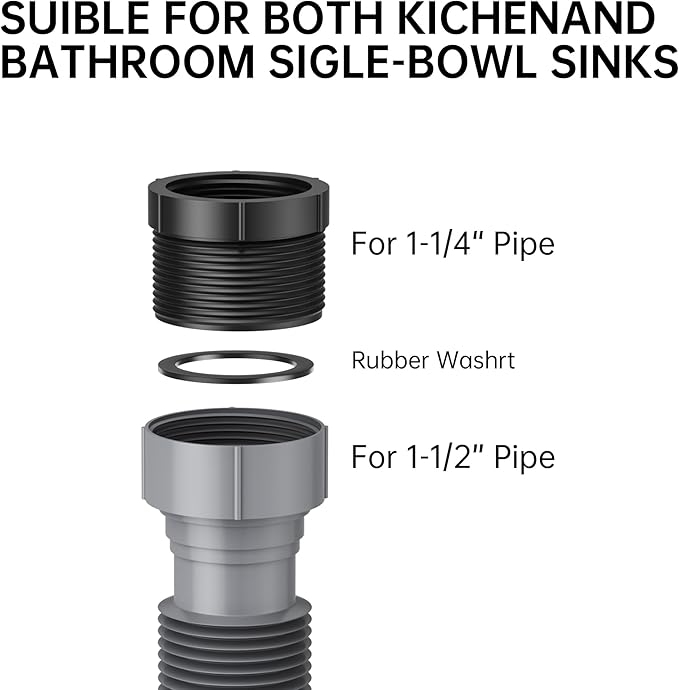 2 Pack Expandable Flexible 1 1/2" or 1 1/4" P-Trap Pipe for Single Kitchen Sink, Drain Pipe Kit With Adapter Seal Ring, for Kitchen Sink Drainage and Garbage Disposal (Gray)