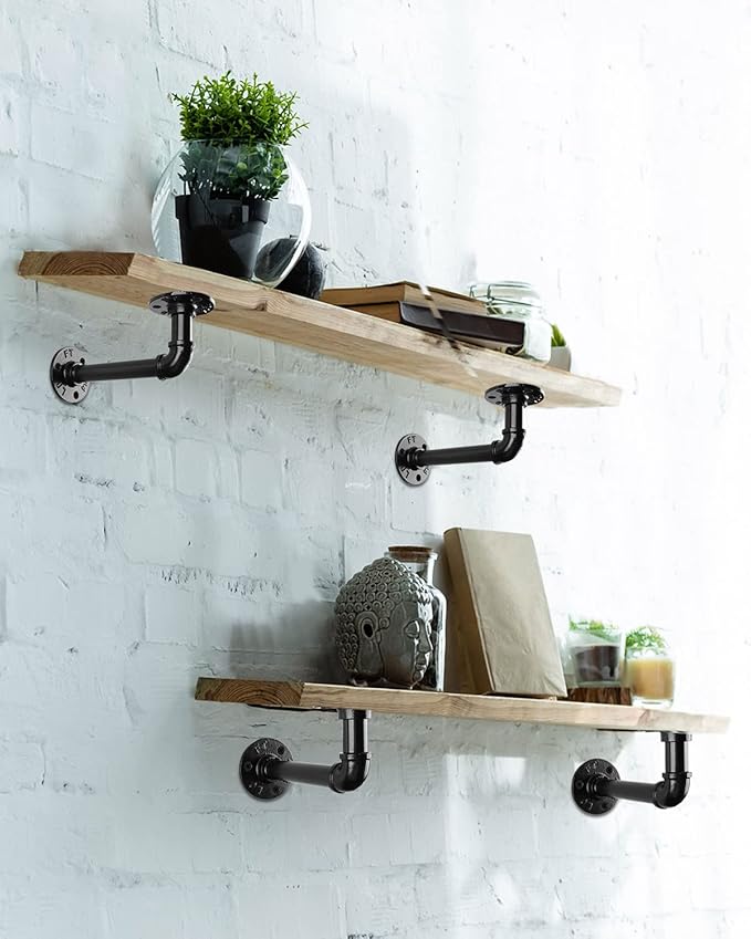 MUZIK Industrial Pipe Shelf Brackets, Wall Mount Floating Shelf Bracket Heavy Duty L Pipe Shelving Brackets for Shelves- Vintage Black Iron Finish DIY Pipe Shelf (7*4 Inch)
