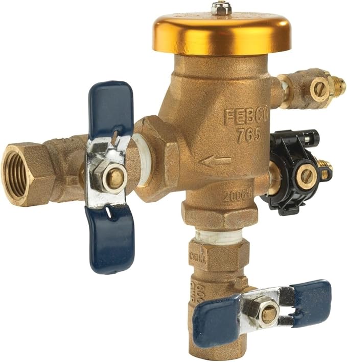Febco 765 Series 1/2" Bronze Pressure Vacuum Breaker Backflow Preventer, Quarter Turn Shutoff, NPT Connections, Spring-Loaded Check Valves, Max Pressure 150 psi, Industrial Plant, Irrigation System