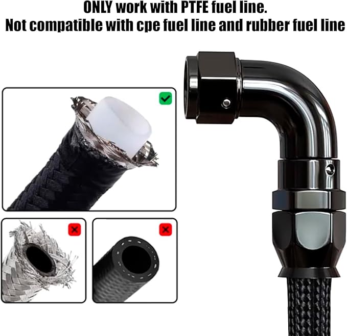 8AN PTFE One Piece Full Flow Hose End Fitting 90 Degree Swivel Only for PTFE Hose Aluminum Black 2PCS