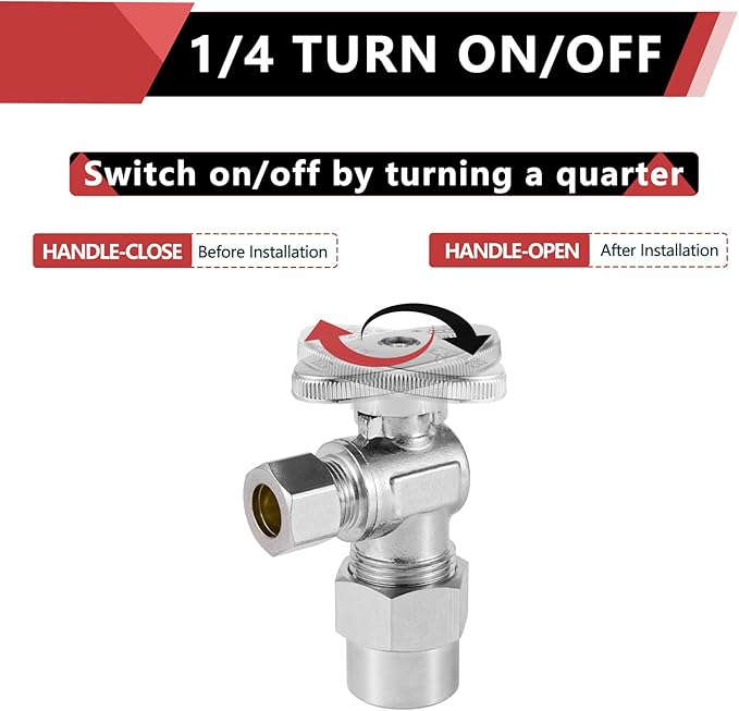 50-Pack EFIELD Angle Stop Valve 1/2" Nominal (5/8" OD) Compression x 3/8" OD, 1/4-Turn,(VALVE116-50PCS)