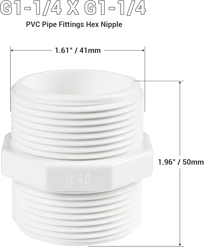 5 Pcs 1-1/4 Inch PVC Pipe Fittings Hex Nipple G1-1/4 X G1-1/4 Male Thread Coupling Adapter Connector