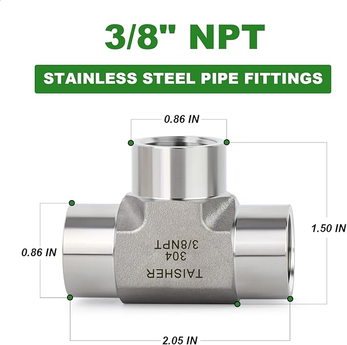 TAISHER 1PCS Forging of 304 Stainless Steel Tee Pipe Fittings, 3/8" x 3/8" x 3/8" NPT Female Pipe Fittings