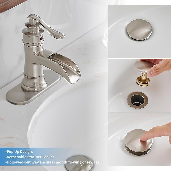 BWE One Piece Bathroom Vessel Sink Drain Stopper Without Overflow Pop Up Drain Assembly with Strainer for Bathroom Vessel Vanity Faucet Brushed Nickel