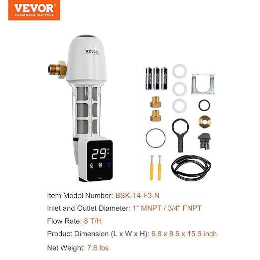 VEVOR Auto Flush Sediment Filter, 36 GPM Spin Down Water Filter with Touch Screen, 6Th Gen Backwash System, Bi-Side Scraper, 360° Install Whole House Pre Filter, Pressure Gauge, 1" MNPT, 3/4" FNPT