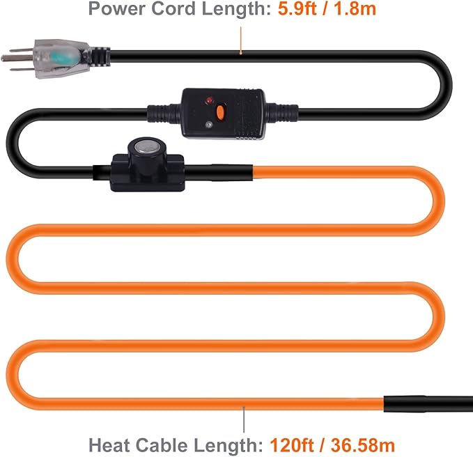 120FT Heat Tape for Water Pipes Freeze Protection IP65 Waterproof 7W/FT 110V BDDFOTO Heat Cable With GFCI Protection and Thermostat,Self-Regulating Pipe Heater for Roof/RV/Water Storage Tank