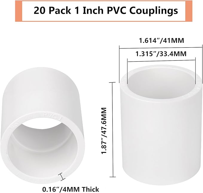 20 Pack 1" PVC Couplings Adapter Pipe Fittings, Furniture Build Grade SCH40 (Socket x Socket) 1 Inch PVC Slip Socket Connectors for DIY PVC Shelf Garden Support Structure, White