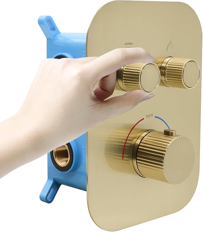 Thermostatic Shower Valve Shower Diverter 2 Way Shower Valve with Temperature Control Shower Mixing Adjustable Flow Diverter（Brushed Gold）