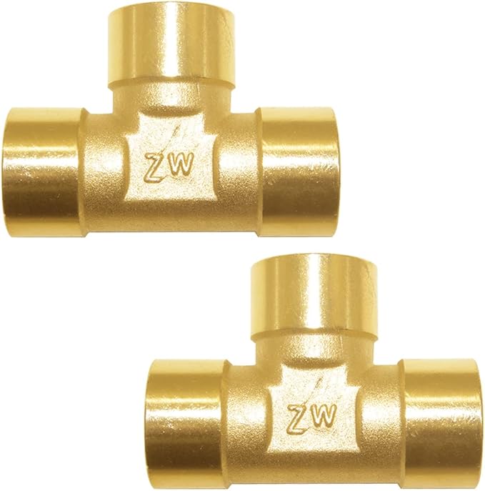 Joywayus Brass Pipe Fitting Barstock Tee 3 Way NPT 1/2" x 1/2" x 1/2" Hose Fitting (Pack of 2)
