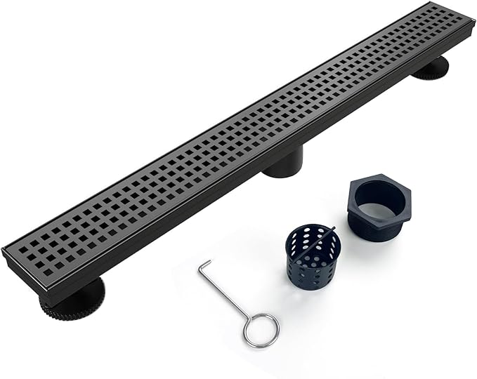Linear Shower Drain, 40 inch Black Drain with Removable Grate Cover, Brushed 304 Stainless Steel Shower Floor Drain, Linear Drain with Hair Strainer and Adjustable Feet
