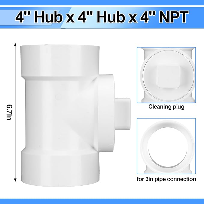 4" Hub x 4" Hub x 4" PVC Dwv Pipe Fitting Cleanout Tee with Plug Sewer Cleanout Adapter with NPT Female for Drainage Piping, Ventilation and Other System Drain