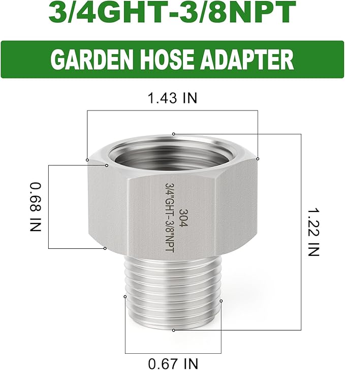 TAISHER 5PCS 304 Stainless Steel Garden Hose Adapter, 3/4" GHT Female x 3/8" NPT Male Garden Hose Connector with Washers