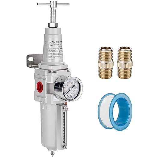 NANPU 3/4" NPT High Pressure Air Filter/Regulator Combo, T-Handle, Semi-Auto Drain, 0-300 Gauge, Metal Bowl