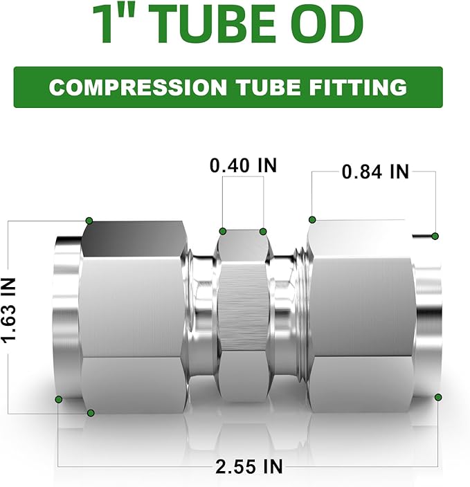 TAISHER 1PCS 304 Stainless Steel Compression Tube Pipe Fitting Connector, 1" Tube OD x 1" Tube OD Straight Adapter