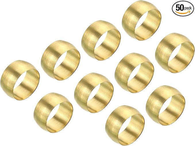 PATIKIL 12mm Tube OD Brass Compression Sleeves Ferrules, 50 Pack Brass Ferrule Fitting Brass Compression Fitting Assortment Kit for Air Water Gas Pipe