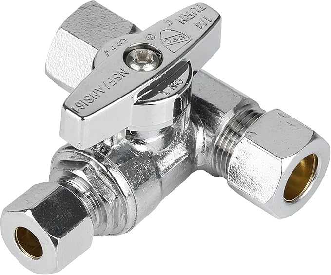 (Pack of 20) EFIELD 1/4-Turn Stop Tee Compression Stop Valve, 3/8" OD x 3/8" OD x 3/8" Com OD, Chrome Plated Brass, UPC Certified,(VALVE465-20PCS)