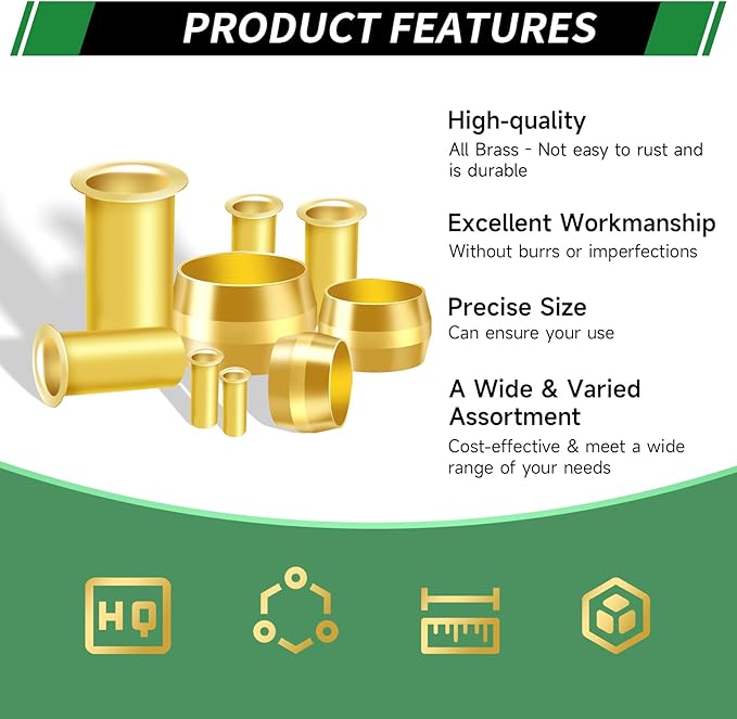 460pcs Brass Compression Sleeves Ferrules Inserts Fittings Assortment Kit, 1/2" 3/8" 5/16" 1/4" 3/16" 1/8" 6 Sizes Hose Repair Kit of Air Water Fuel Oil Gas Tube Lines