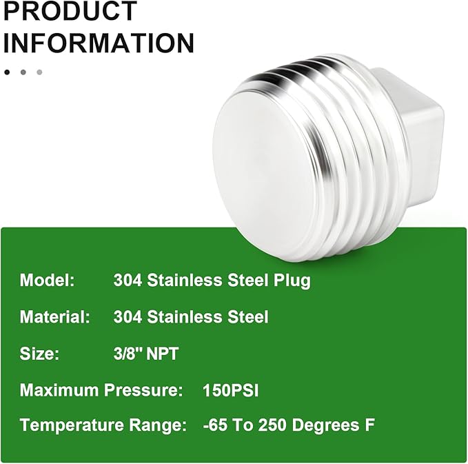 TAISHER 10PCS 304 Stainless Steel Outer Square Thread Socket Pipe Plug Fitting 3/8" NPT Male