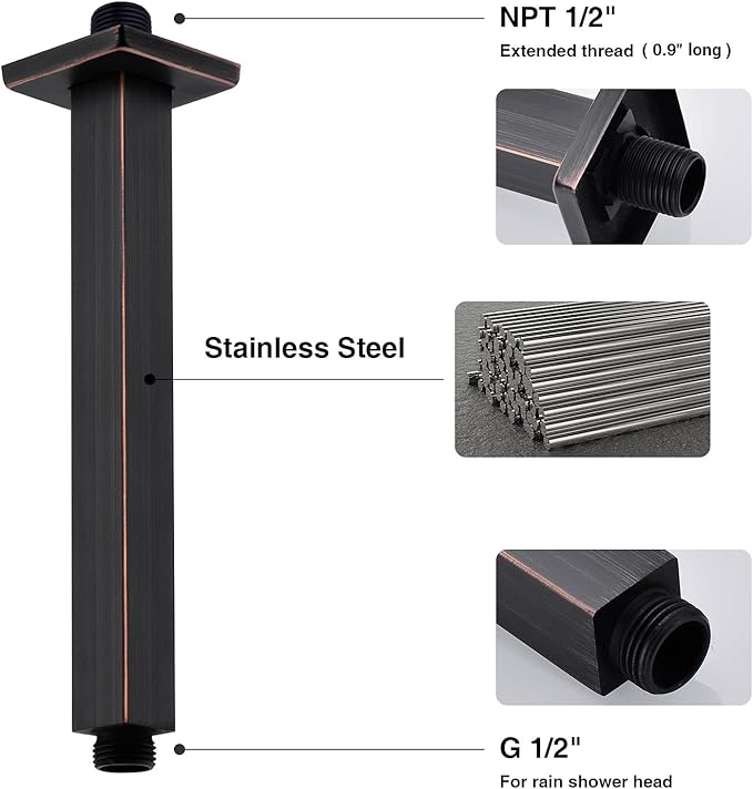 TRUSTMI Shower Arm with Flange Ceiling Mounted 8 Inch Square Extension Pipe for Overhead Rainfall Shower Head, Stainless Steel, Oil Rubbed Bronze
