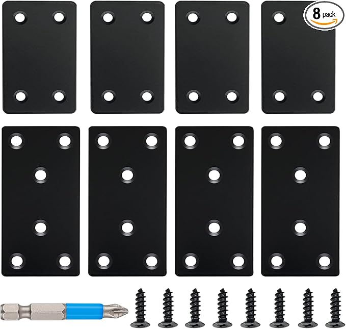 QSJ 8 Pack Black Flat Mending Plate 3.15x1.57‘’ & 2.36x1.49'', Stainless Steel Bracket, Straight Metal Brace Bracket, Fixing Joining Plate for Wood Furniture Fastening & Fixing