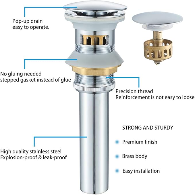 VOTON Bathroom Sink Drain Chrome Lavatory Pop-up Drain with Detachable Basket Stopper, Anti-Explosion and Anti-Clogging Drain Strainer，with Overflow Hole