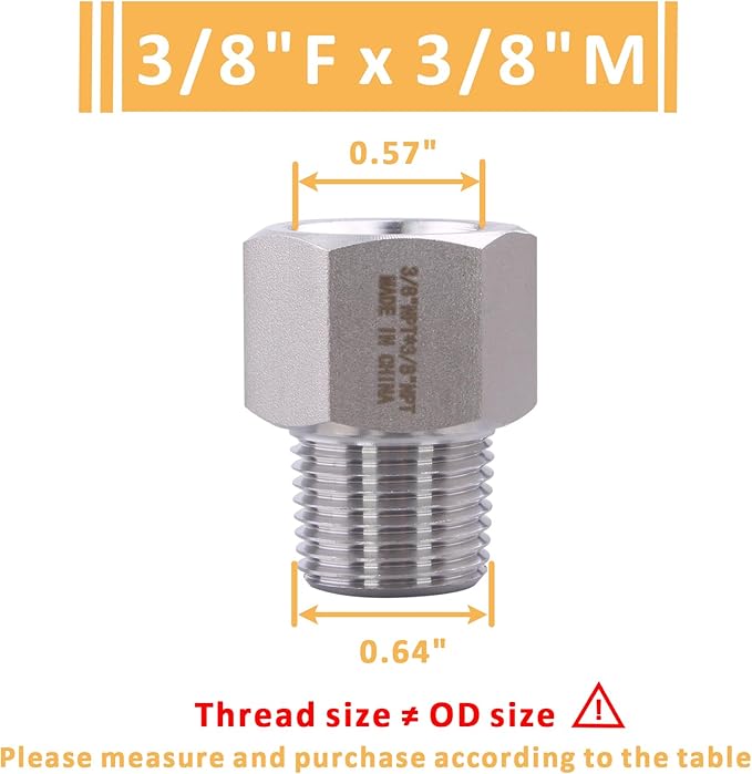 Forged Reducer Adapter Fitting - Stainless Steel 304 Reducing Pipe Connector, 3/8" NPT Female x 3/8" NPT Male (pack of 5)
