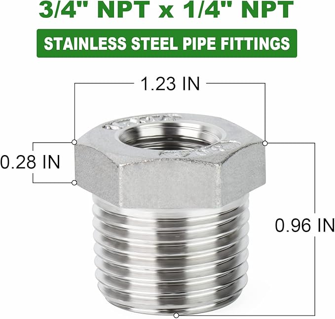 TAISHER 5PCS 304 Stainless Steel Reducer Hex Bushing, 3/4" NPT Male x 1/4" NPT Female, Reducing Pipe Adapter Fitting