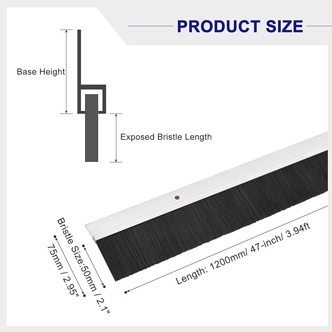 uxcell 2Pcs Door Brush Bottom Sweep H-Shape Aluminum Alloy Base with 2-inch PP Brush for Home, Industrial (47-inch L, Silver)
