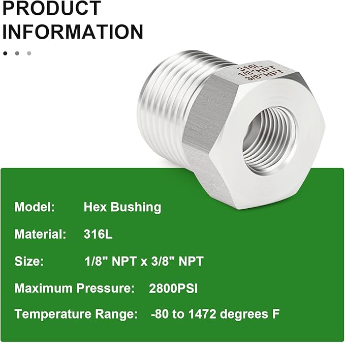 TAISHER 5PCS Forging of 316L Stainless Steel Reducer Hex Bushing, 3/8" Male NPT to 1/8" Female NPT, Reducing Forging Pipe Adapter Fitting