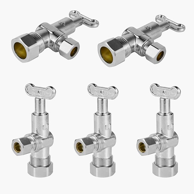5-Pack GUOFIS Angle Stop Valve with 1/4 Turn Loose Control Key,1/2" Nominal (5/8" OD) Compression x 3/8" OD,Chrome Plated Brass Shut-off Valves for Potable Water(VALVE142-5Pack)
