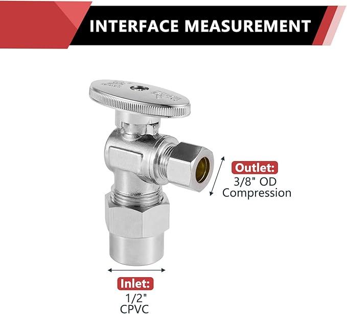 (Pack of 5) EFIELD 1/4 Turn Angle Stop Valve 3/8" OD Compression X 1/2" CPVC Pipe Connection, Chrome Plated Brass,(VALVE070-5PCS)