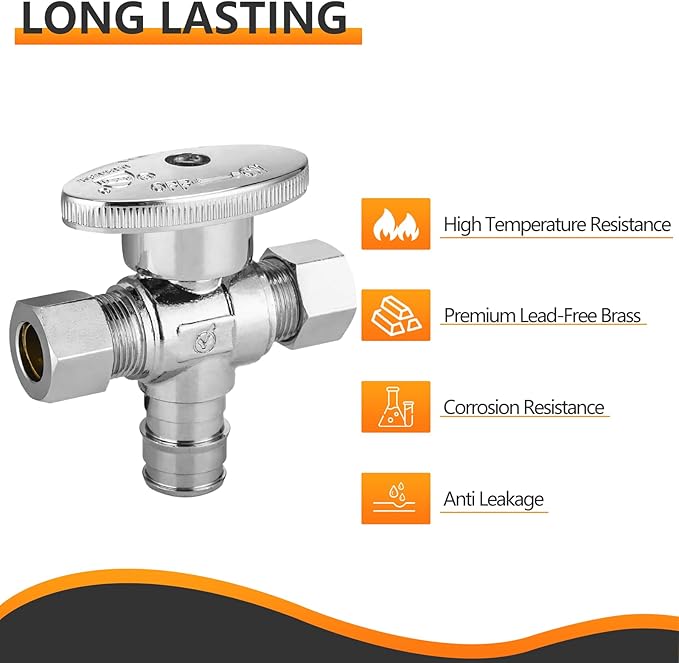 5-PCs HeSun Dual Compression Outlet Angle Stop Valve, 1/2" PEX-A Expansion x 3/8" OD Comp x 3/8" OD Comp, 1/4-Turn Shut Off Valve for Bathroom, ASTM F1960(VALVE128-5)