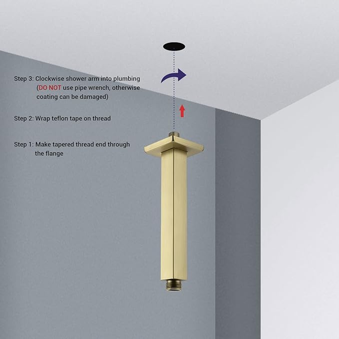 Brushed Gold Shower Arm with Flange 6 Inch Straight Stainless Steel Top Rainfall Shower Head Extension Pipe Square Shaped