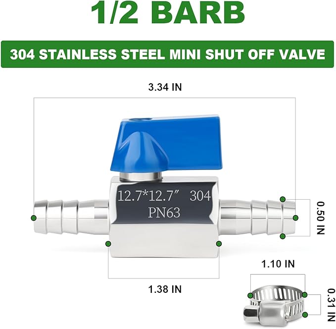 TAISHER 1PCS 304 Stainless Steel 1/2" Mini Ball Valve Shut Off Switch, 1/2" Hose Barb with 2PCS Hose Clamps