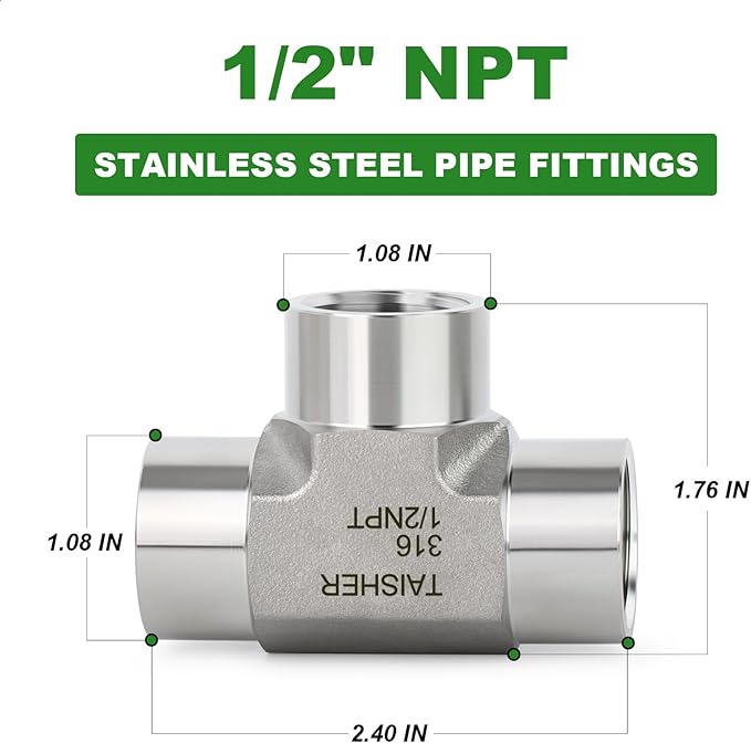 TAISHER 1PCS Forging of 316L Stainless Steel Tee Pipe Fittings, 1/2" x 1/2" x 1/2" NPT Female Pipe Fittings