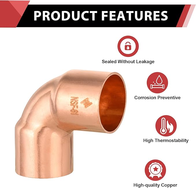 EFIELD 2" C X C Short Radius Copper 90 Degree Elbow, LF Copper Plumbing Fittings with Sweat Solder Connection,(COPPER078)