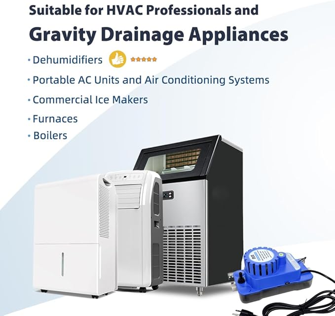1/10 HP 93 GPH 20ft Max Head HVAC Condensate Pump, 115V w/Automatic Safety Switch, Removal Drain Pump for Air Conditioner, Dehumidifier, Ice Maker, Furnace, AC unit, Low Profile