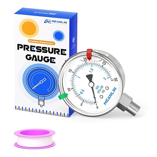 MEANLIN MEASURE 0~30Psi Liquid Filled Pressure Gauge Stainless Steel 2.5" FACE DIAL 1/4" NPT 316 Stainless Steel Joint for Pool Sand Filter Water Oil Air Pressure Test Lower Mount, with 2PCS Snaps