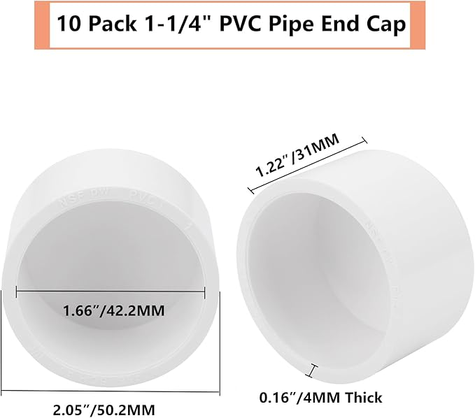 10 Pack 1-1/4"PVC Pipe End Cap Fitting Schedule 40 Furniture Grade 1-1/4" PVC Pipe Plug Adapter for Build Furniture DIY Garden Shelf, White