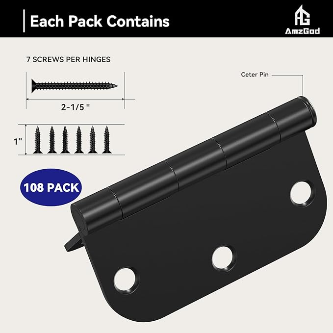 Door Hinges Matte Black - 108 Pack Black Door Hinges 3.5 Inch Rounded Interior Door Hinge with 5/8" Radius Corners - Black Hinges for Doors 3 1/2 Inches Flat Iron Residential Door Hardware