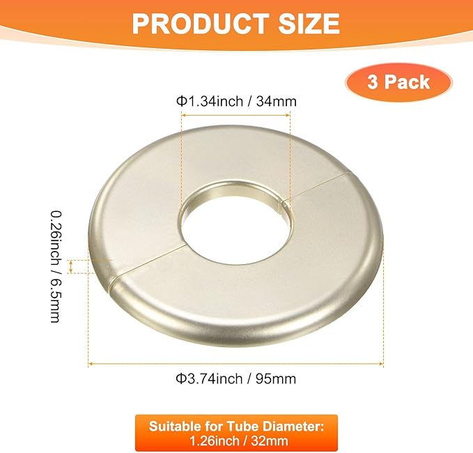 3-Pack Wall Split Flange, ABS Round Self-Adhesive Escutcheon Plate Cover Buckle for 32mm/1.26 in Dia Pipe Accessories/Floor/Ceiling, Plumbing Cover Plates [Gold,6.5mm/0.26in H]