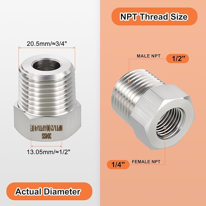 1 Pack 304 Stainless Steel Male to FeMale Adapter, 1/2" Male NPT x 1/4" FeMale NPT Hex Bushing Reducer for Industrial, Automotive, Fluid Transfer, Home Gardening, Water Treatment