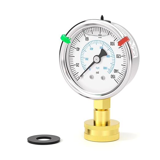 0-150PSI Stainless Steel Water Pressure Glycerin Filled Gauge, 2.5" Dial Size, 3/4" Brass Female Lower Mount, with Sealing Ring, Home Water Pressure Tester (with Range Mark Pointer)