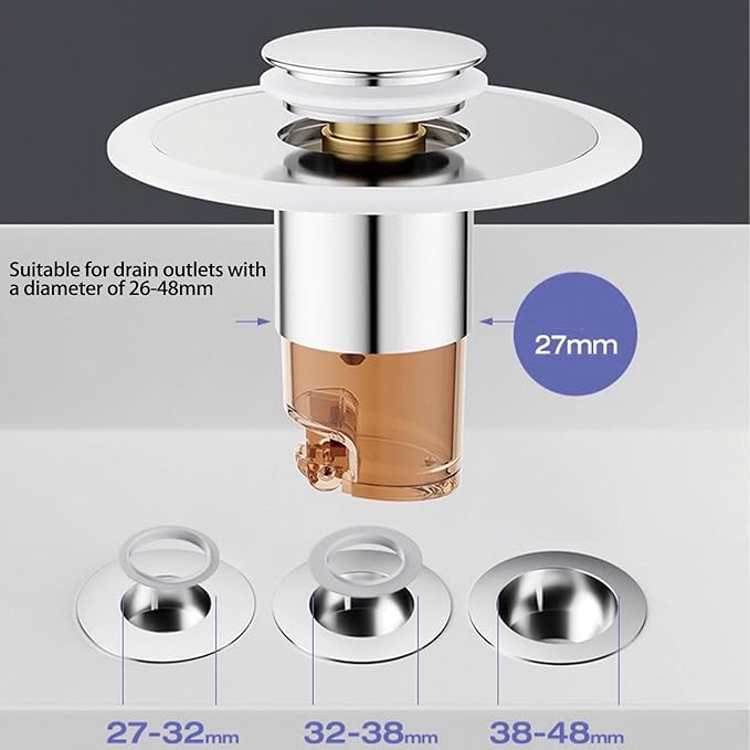Bathroom Sink Stopper,pop up Sink Drain Stopper,Drain Hair Catcher,3-Layer Odor-Proof 27mm Sink Drain Strainer, 304SS/Brass Core, Universal Fit, Blocks Bugs & Smells.
