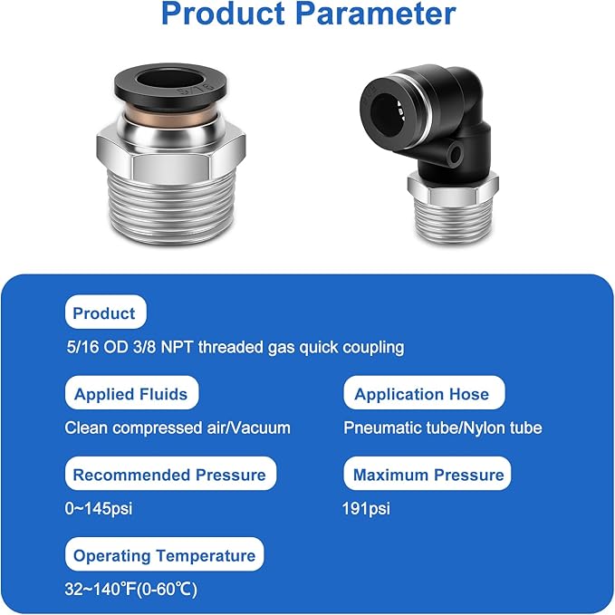 12 Pcs Push to Connect Fittings 5/16 Inch Tube OD x 3/8 Inch NPT Thread Pneumatic Male Straight and Elbow Quick Connect Air line fittings