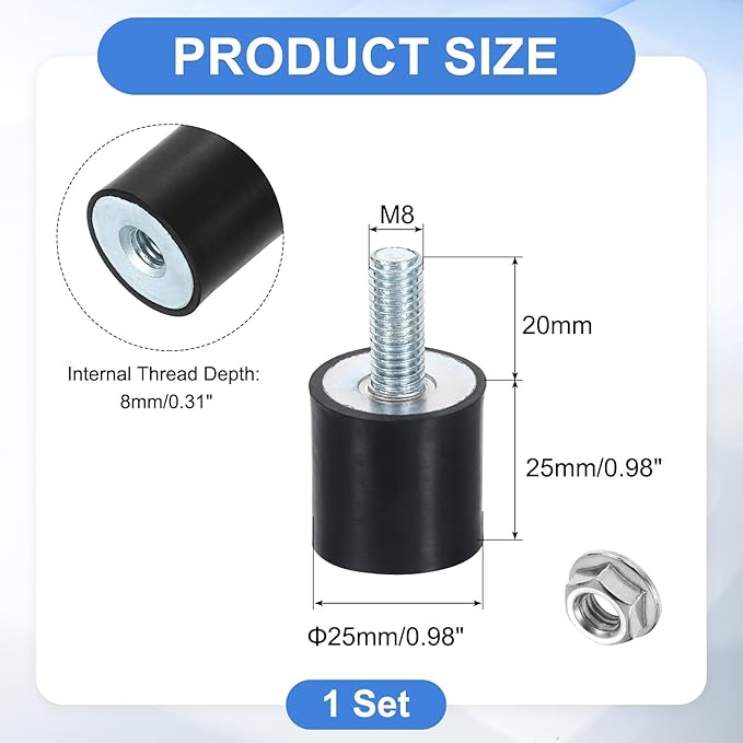 uxcell M8 Rubber Mounts, 1Pcs 25x25mm(DxH) Rubber Cylindrical Anti Vibration Isolator Shock Absorber with Lock Nut for Car Bobbin Generator Air Compressors