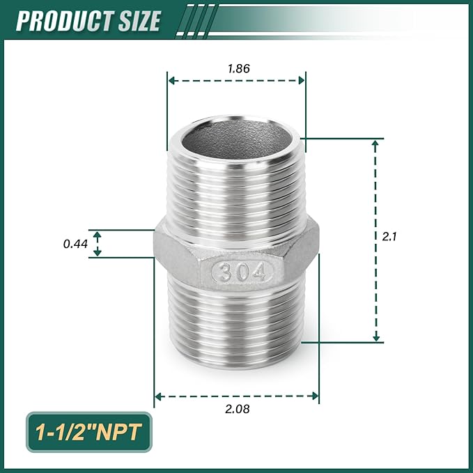 2PCS 304 Stainless Steel Hex Nipple, 1-1/2" Male NPT Straight Head Pipe Adapter Fittings, Equal Nipples Connectors for Oil, Water Line, Gas