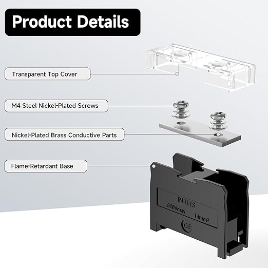 4Pcs DIN Rail Terminal Blocks with Cover, IN-411S 600V 60A Electrical Connection Terminals, 8Pcs 14-12 AWG Insulated Fork Spade Wire Connectors & 3.15 Inch DIN Rail Included